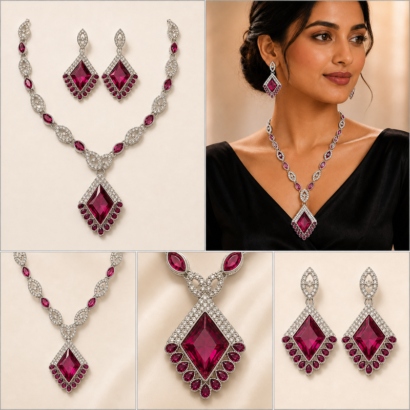 Fuchsia Diamond-Shaped Pendant Necklace & Drop Earrings Set
