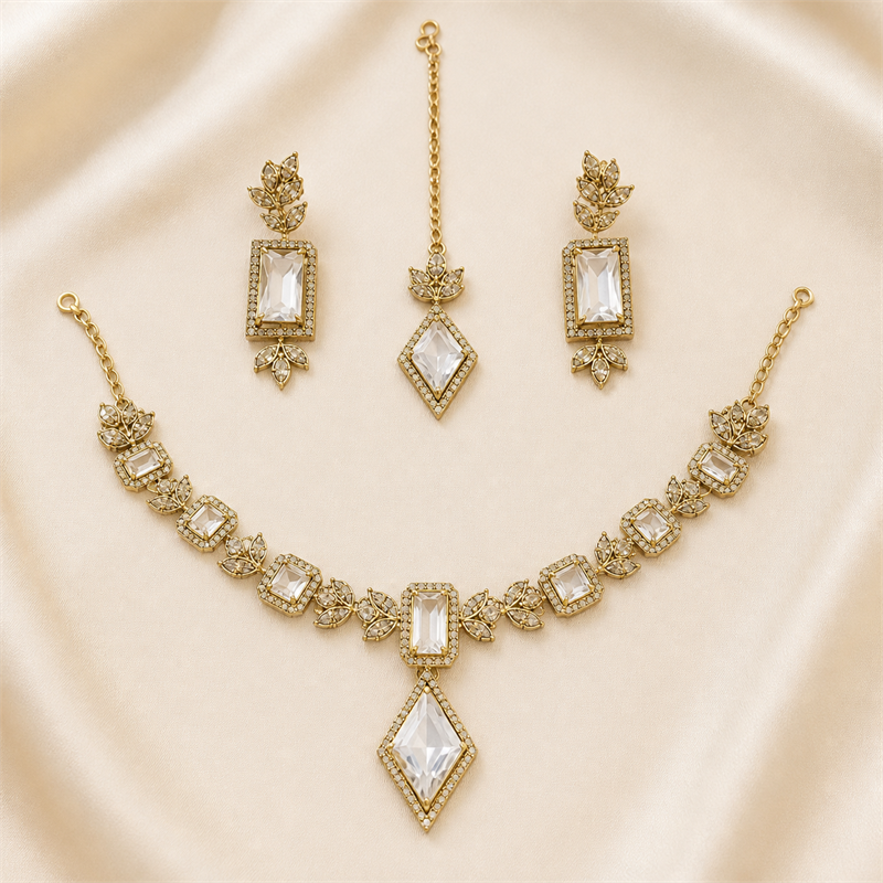 Clear Crystal Geometric Pendant Necklace & Earrings Set