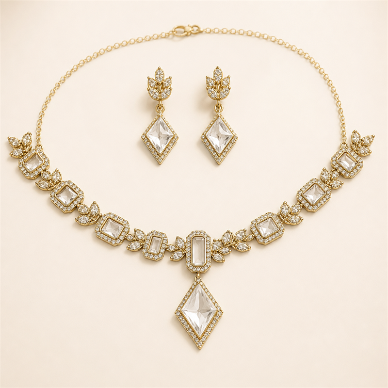 Clear Crystal Geometric Pendant Necklace & Earrings Set