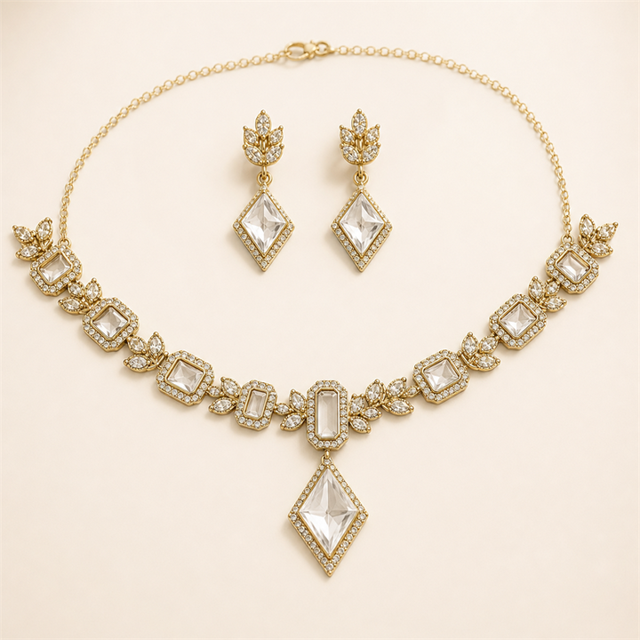 Clear Crystal Geometric Pendant Necklace & Earrings Set