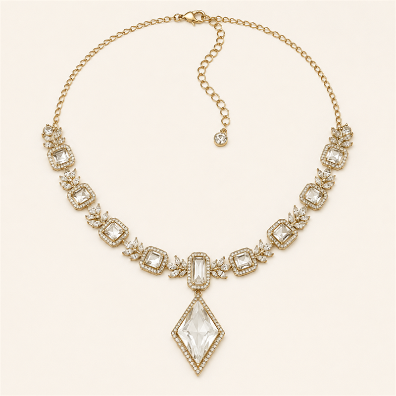 Clear Crystal Geometric Pendant Necklace & Earrings Set