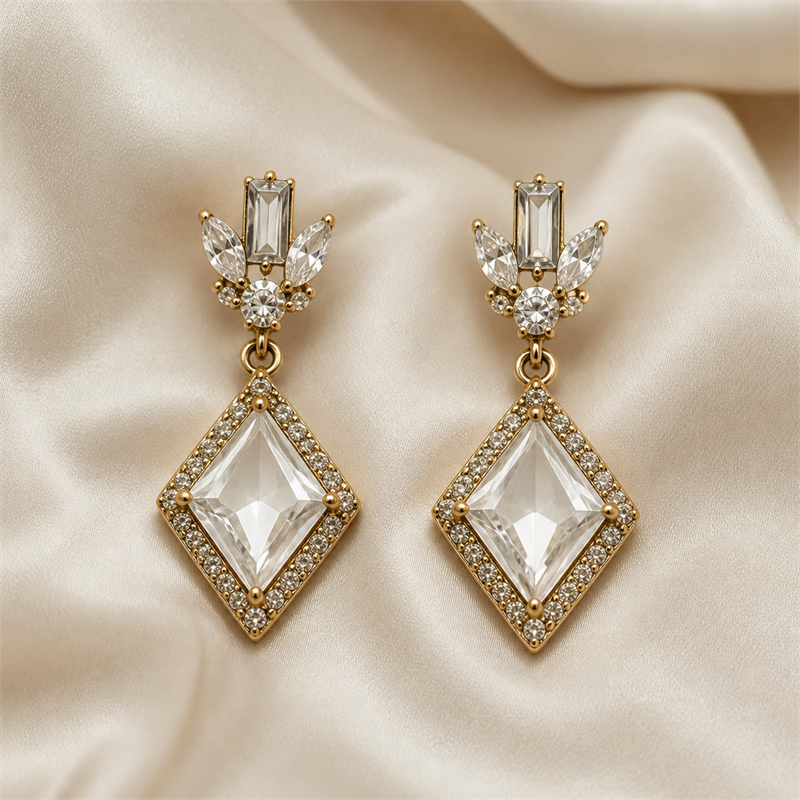 Clear Crystal Geometric Pendant Necklace & Earrings Set