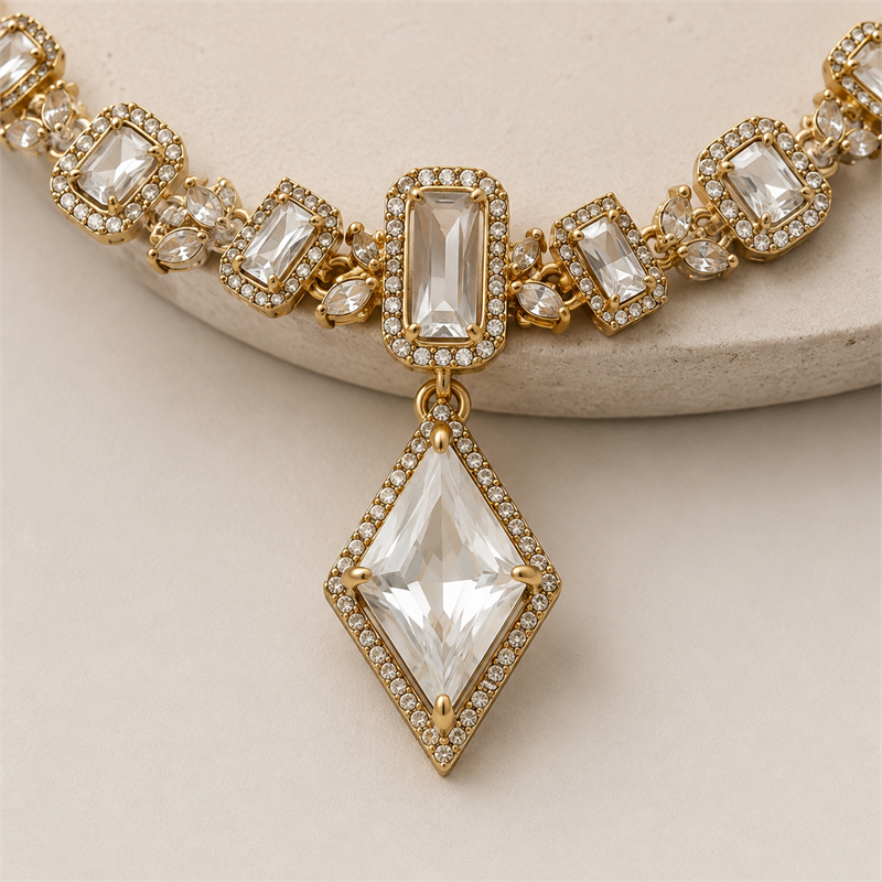 Clear Crystal Geometric Pendant Necklace & Earrings Set