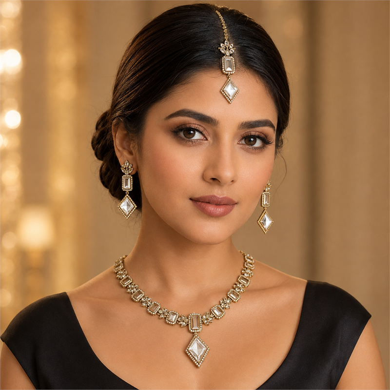 Clear Crystal Geometric Pendant Necklace & Earrings Set