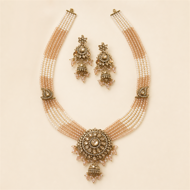 Blush Pearl Long Necklace & Kundan Earrings Set
