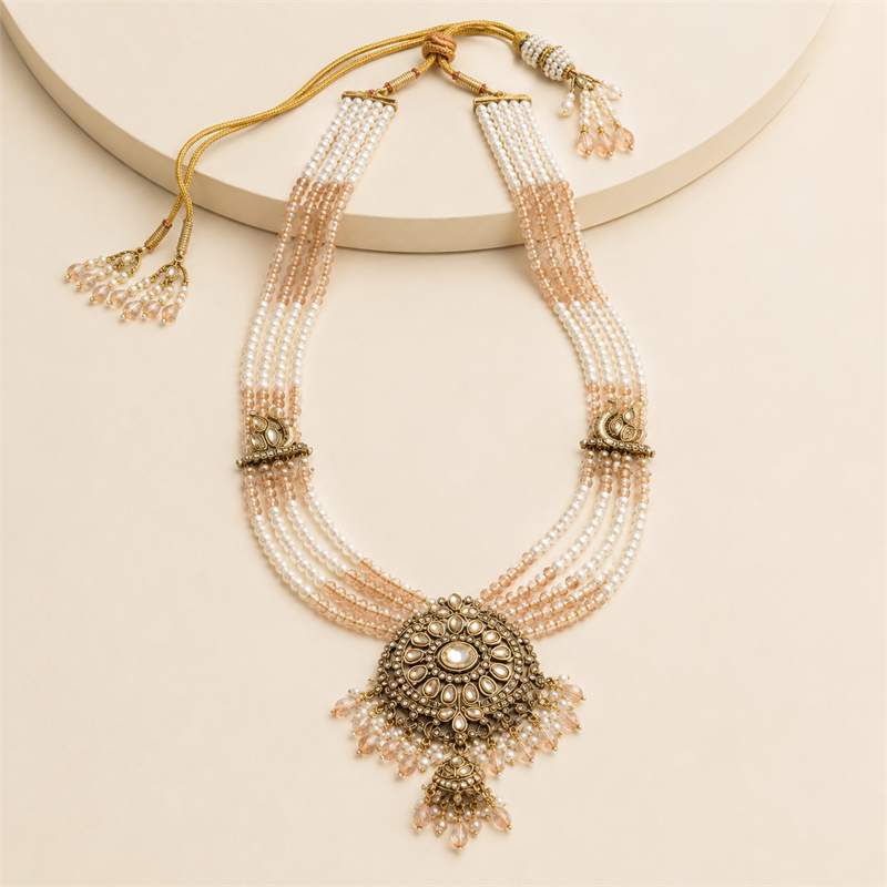 Blush Pearl Long Necklace & Kundan Earrings Set
