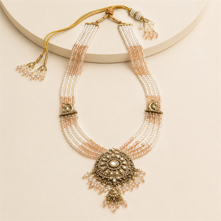 Blush Pearl Long Necklace & Kundan Earrings Set