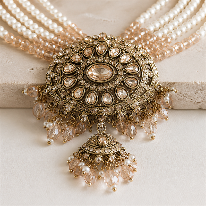 Blush Pearl Long Necklace & Kundan Earrings Set