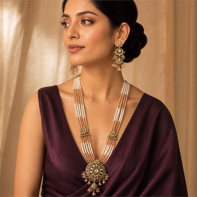 Blush Pearl Long Necklace & Kundan Earrings Set