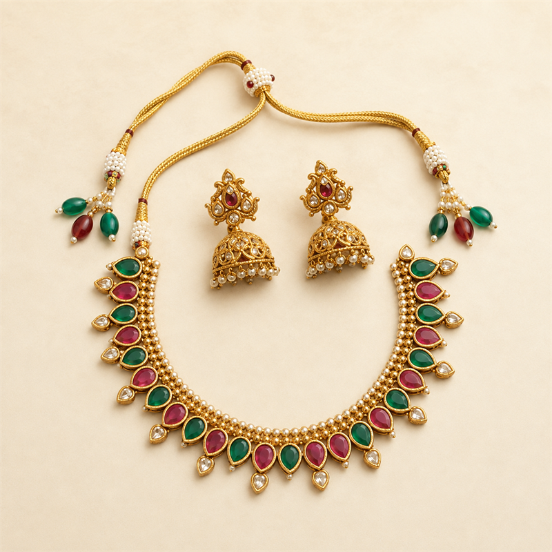 Teardrop Necklace with Jhumka Earrings