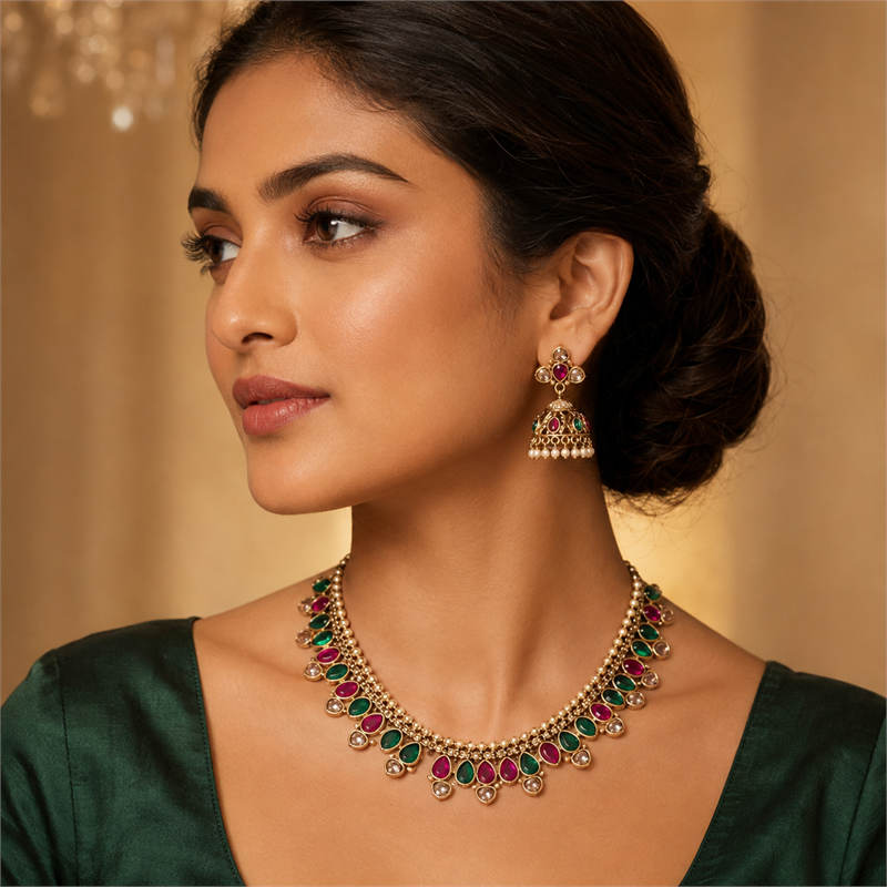 Teardrop Necklace with Jhumka Earrings