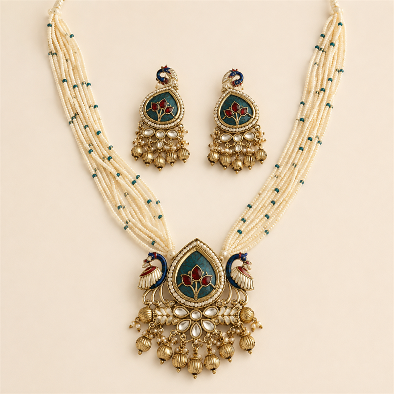 Peacock Floral Multi-Strand Pearl Necklace & Earrings Set