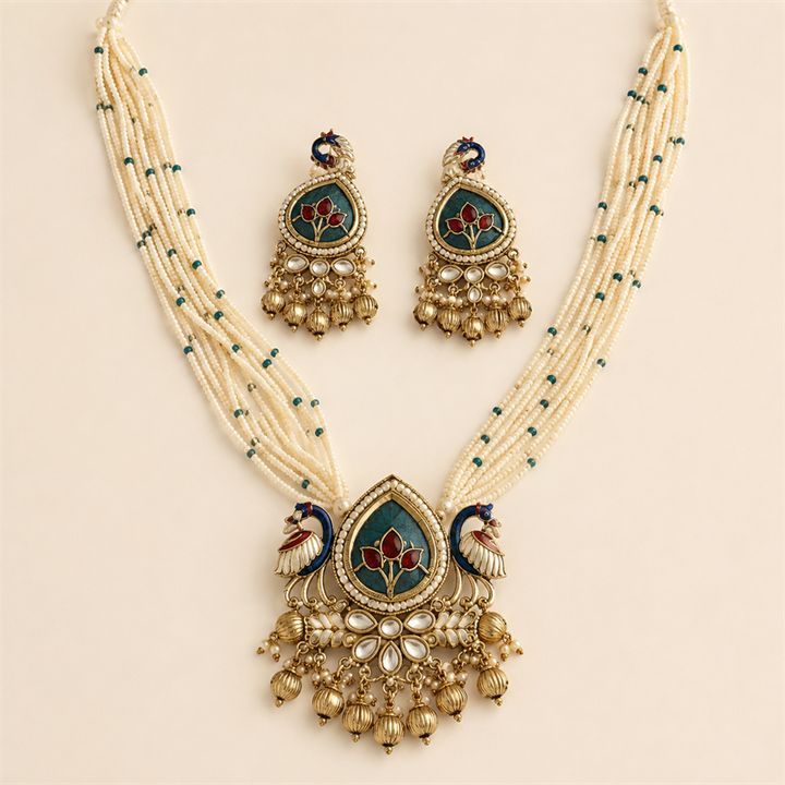 Peacock Floral Multi-Strand Pearl Necklace & Earrings Set