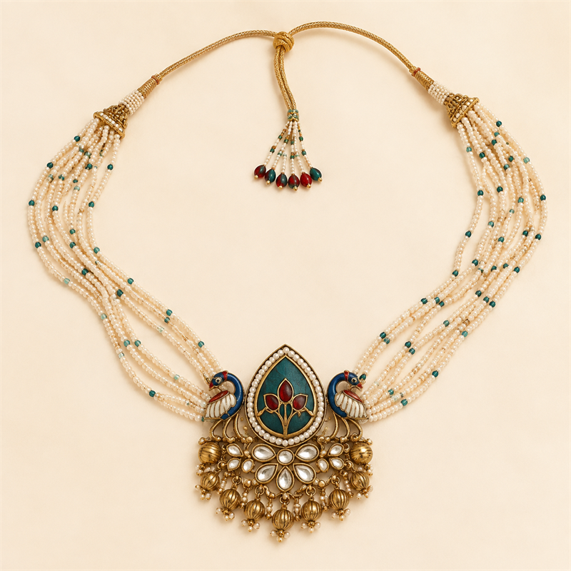 Peacock Floral Multi-Strand Pearl Necklace & Earrings Set