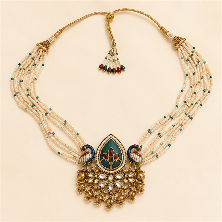 Peacock Floral Multi-Strand Pearl Necklace & Earrings Set