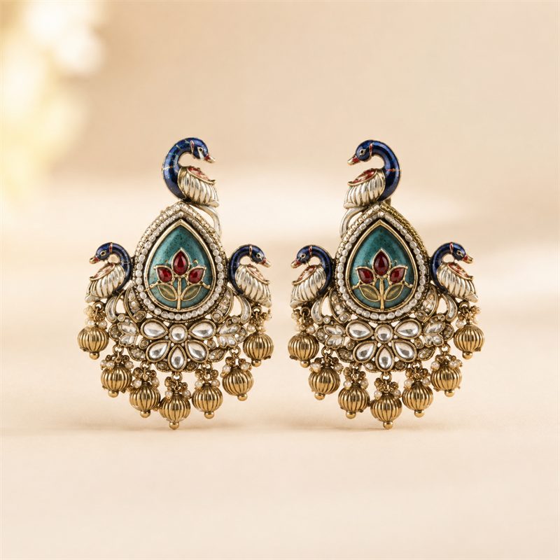 Peacock Floral Multi-Strand Pearl Necklace & Earrings Set