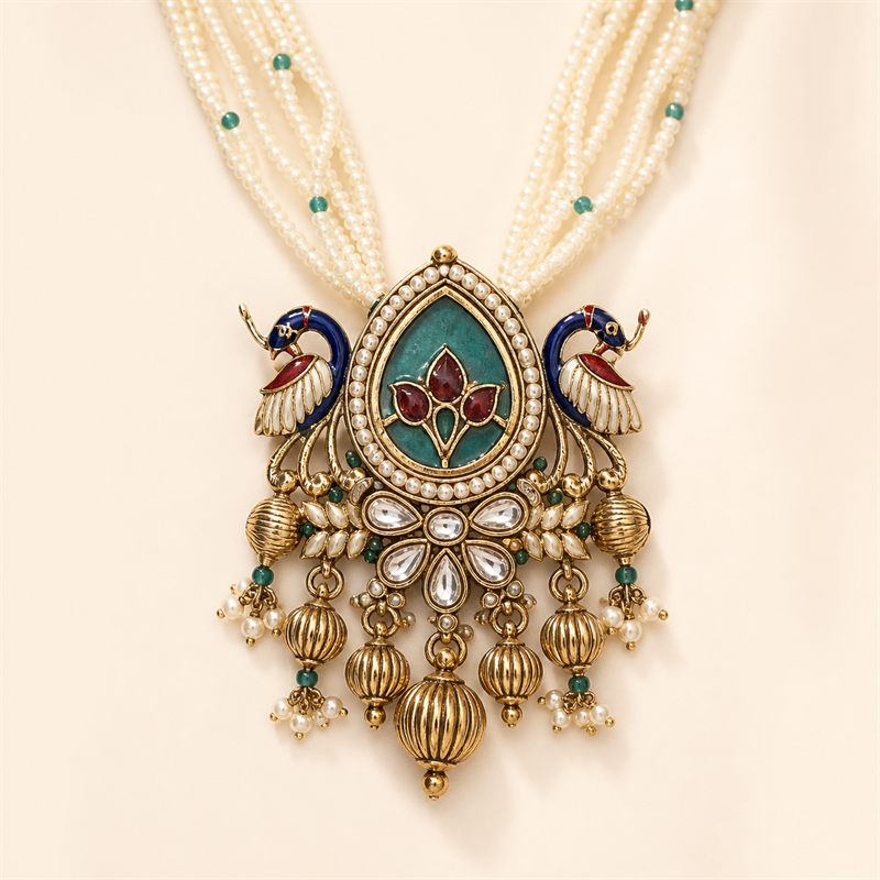 Peacock Floral Multi-Strand Pearl Necklace & Earrings Set