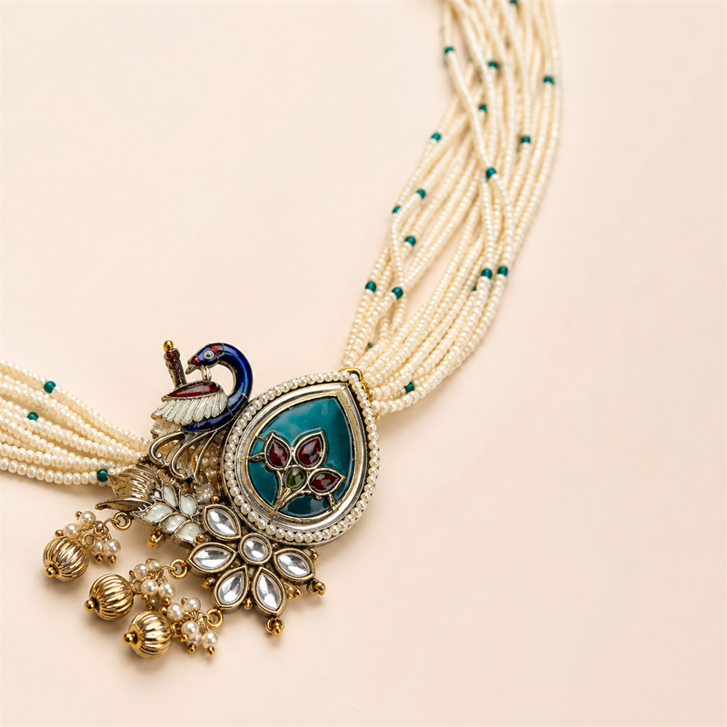 Peacock Floral Multi-Strand Pearl Necklace & Earrings Set