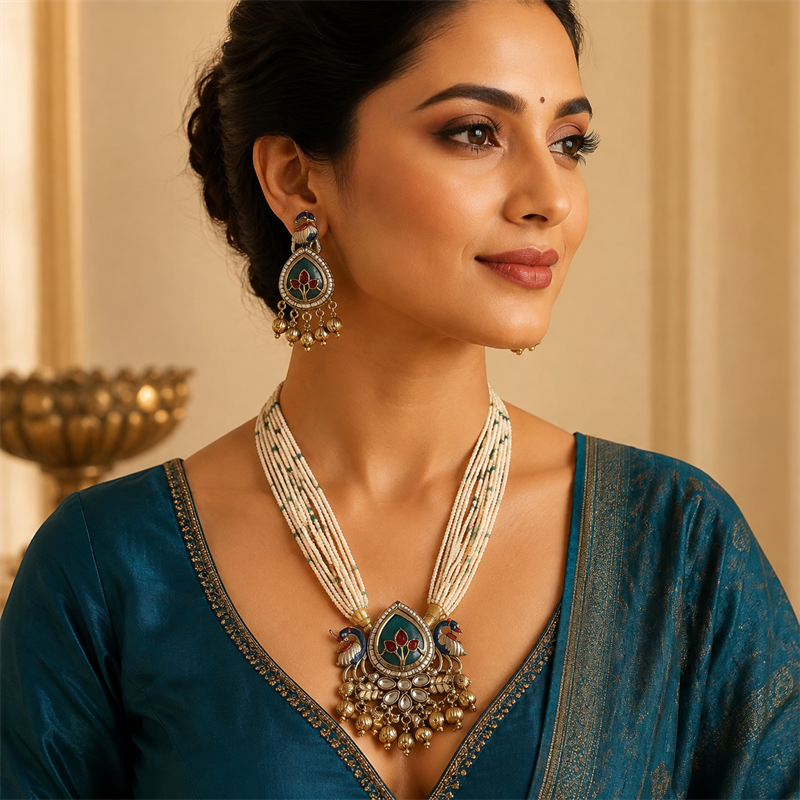 Peacock Floral Multi-Strand Pearl Necklace & Earrings Set