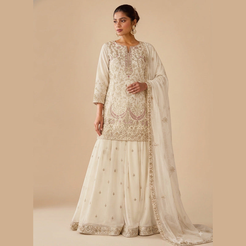 Aadhya Ivory & Rose-Gold Embroidered Sharara Set