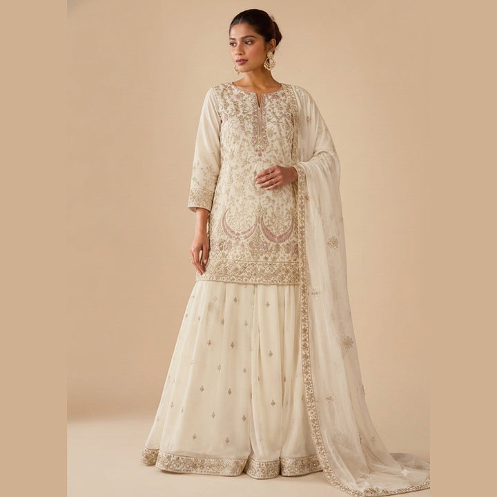 Aadhya Ivory & Rose-Gold Embroidered Sharara Set
