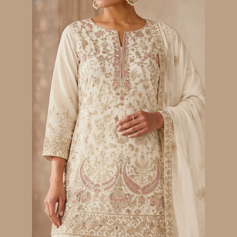 Aadhya Ivory & Rose-Gold Embroidered Sharara Set