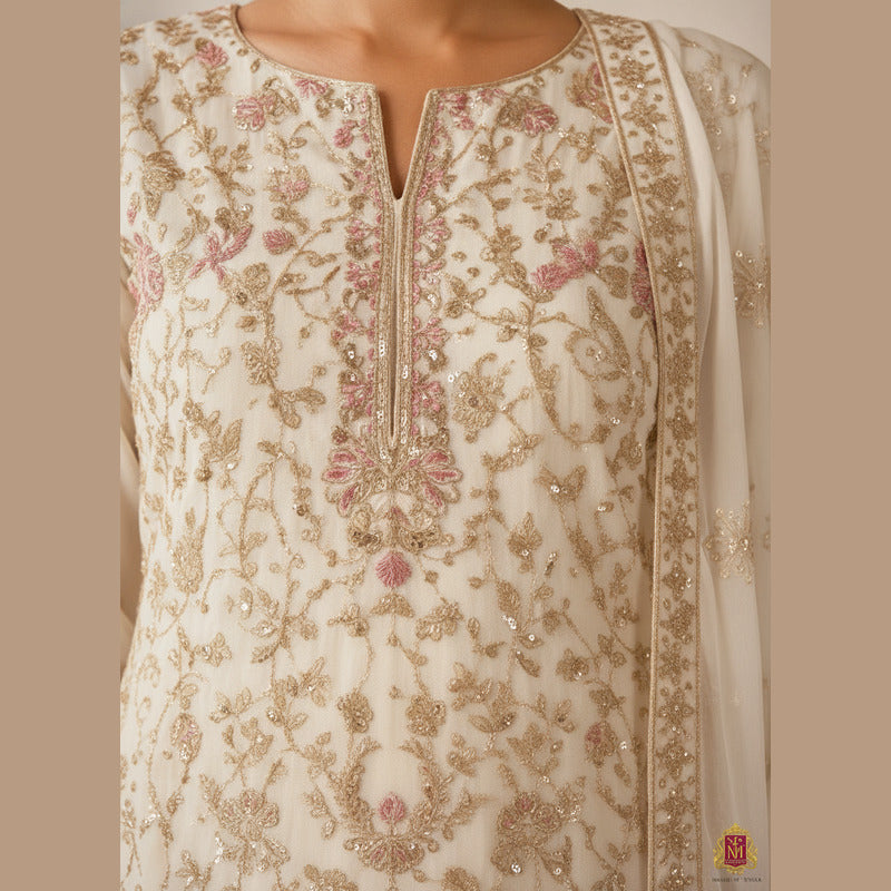 Aadhya Ivory & Rose-Gold Embroidered Sharara Set