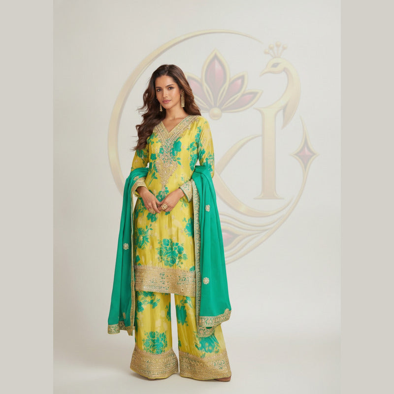 Mayuri Teal & Sunshine Floral Silk Palazzo Set