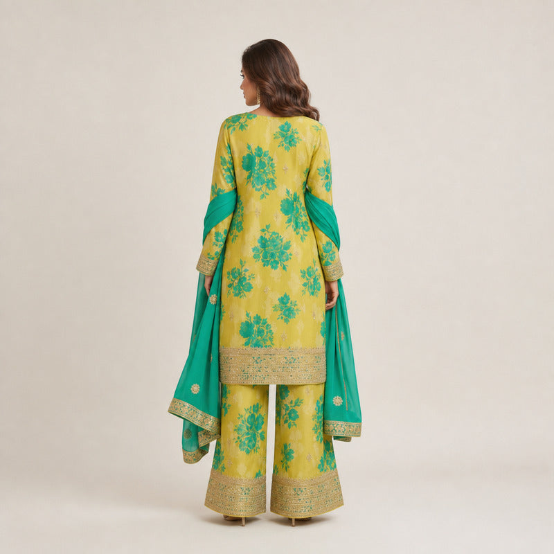 Mayuri Teal & Sunshine Floral Silk Palazzo Set