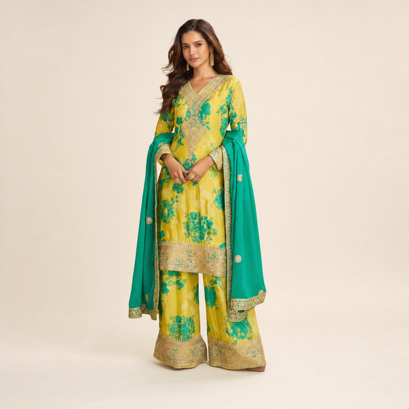 Mayuri Teal & Sunshine Floral Silk Palazzo Set
