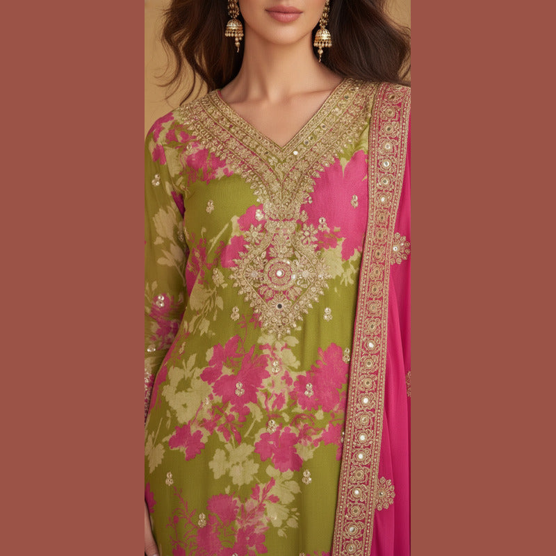 Mehendi Green & Rani Pink Floral Georgette Palazzo Set