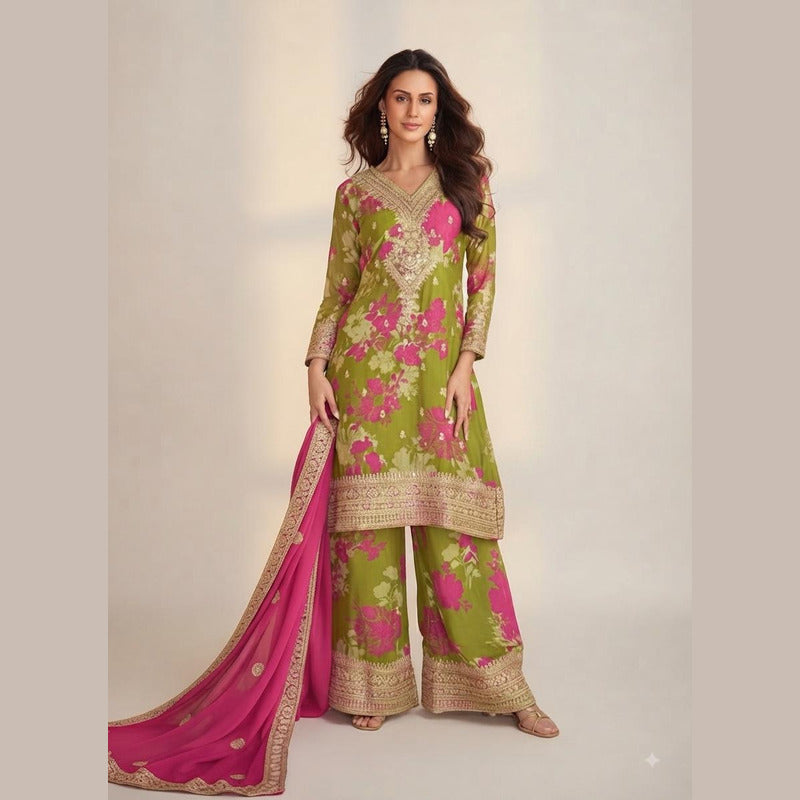 Mehendi Green & Rani Pink Floral Georgette Palazzo Set
