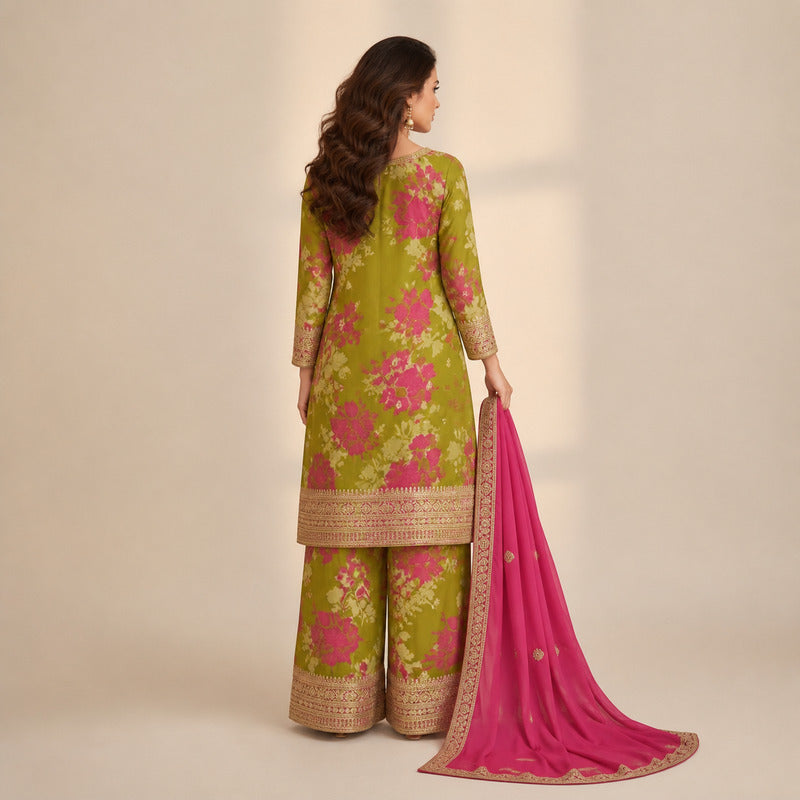 Mehendi Green & Rani Pink Floral Georgette Palazzo Set