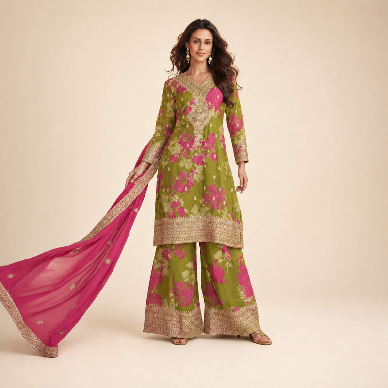 Mehendi Green & Rani Pink Floral Georgette Palazzo Set