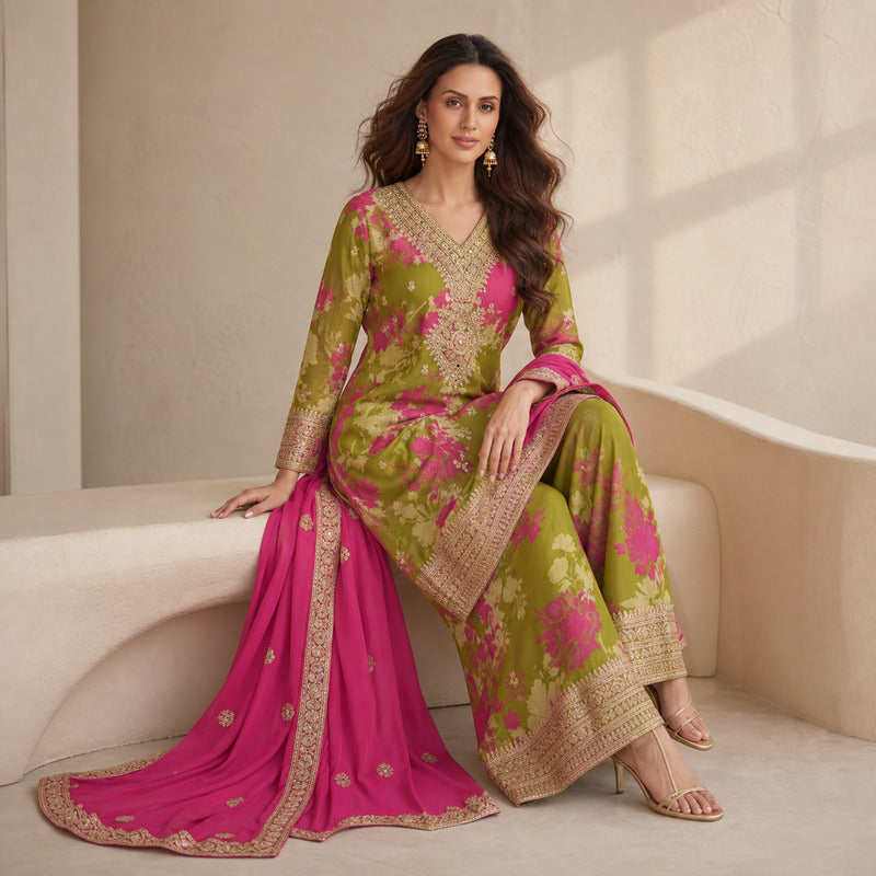 Mehendi Green & Rani Pink Floral Georgette Palazzo Set