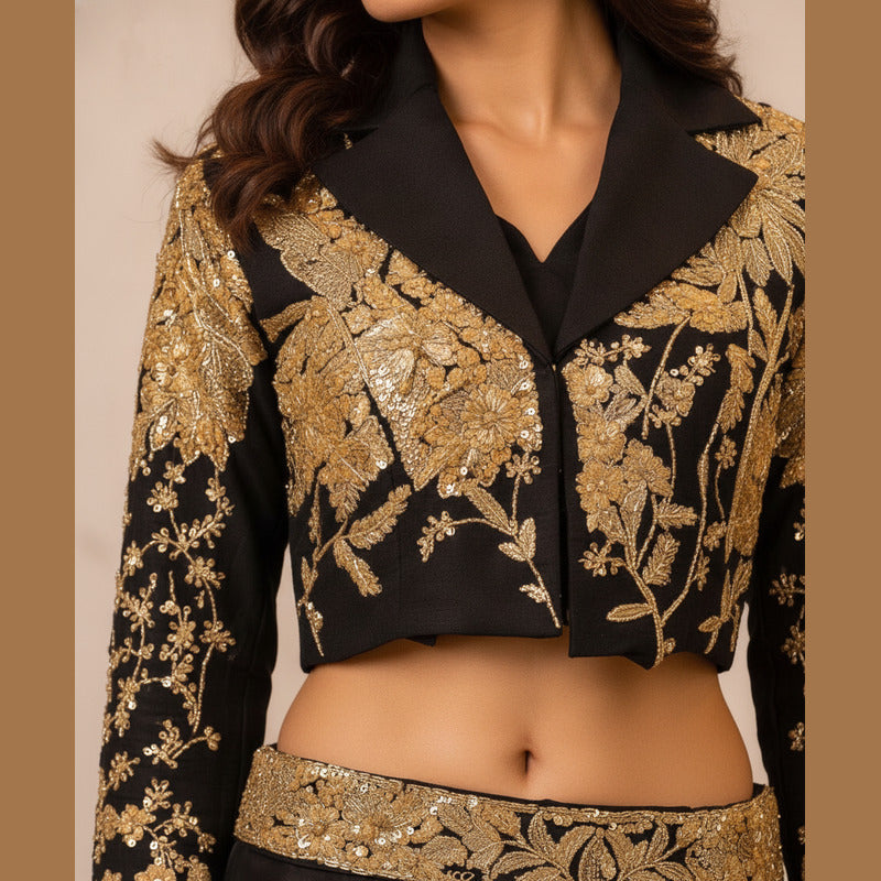 Midnight Gold Zardozi Jacket & Draped Skirt Set
