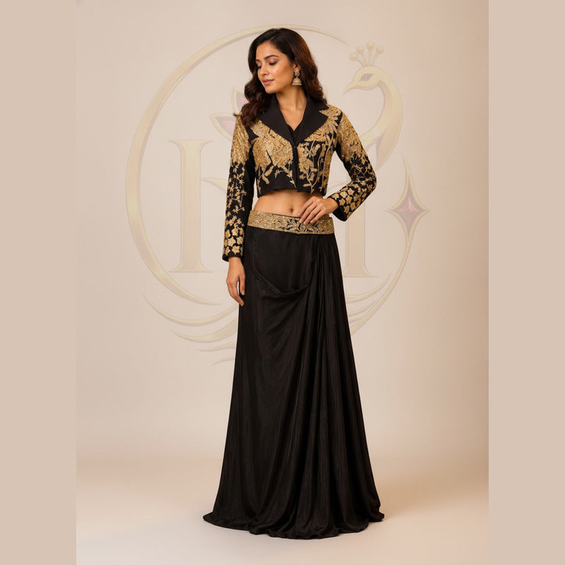 Midnight Gold Zardozi Jacket & Draped Skirt Set