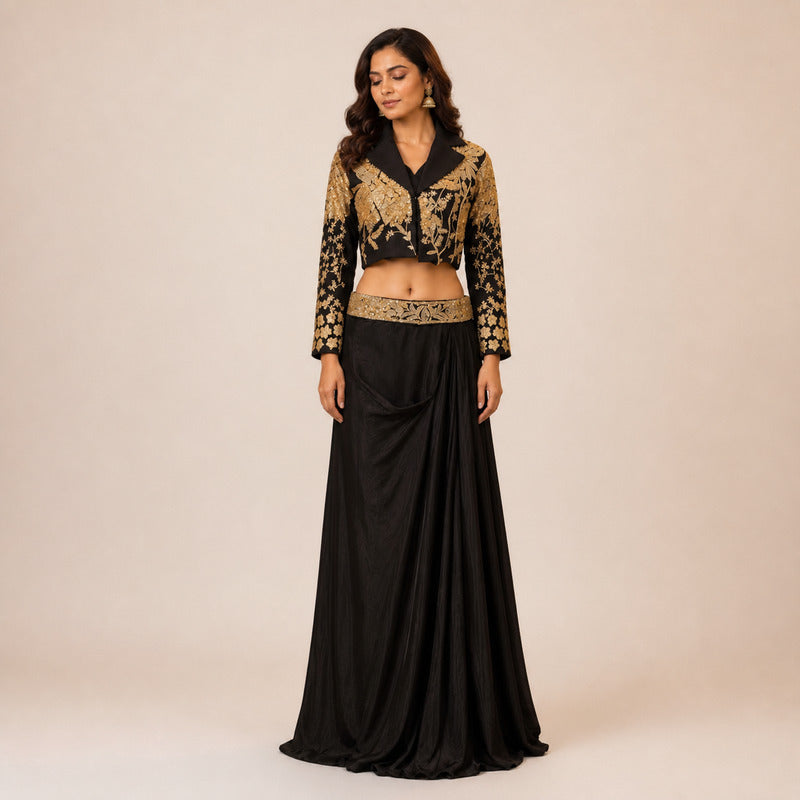 Midnight Gold Zardozi Jacket & Draped Skirt Set