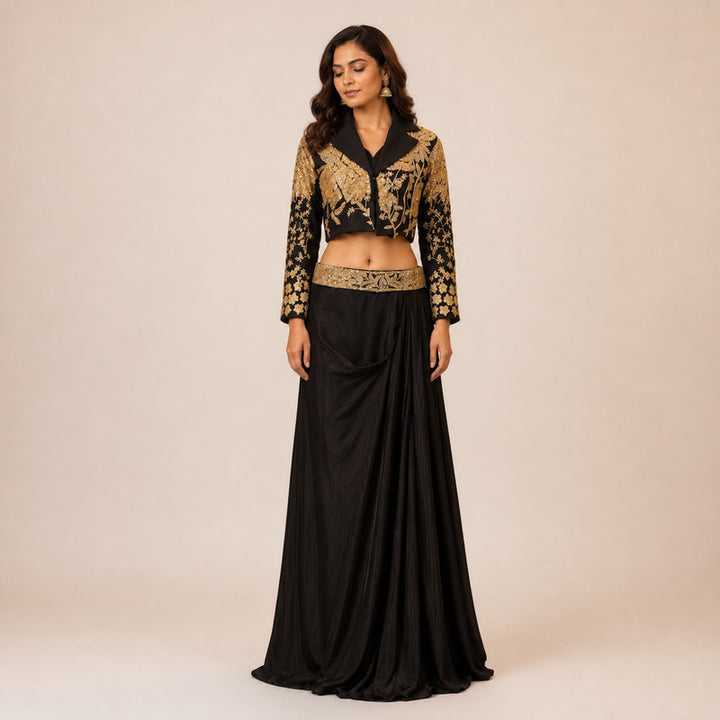 Midnight Gold Zardozi Jacket & Draped Skirt Set