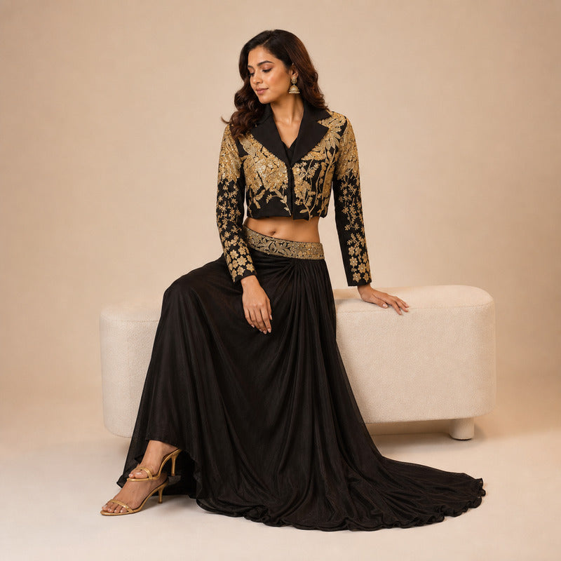 Midnight Gold Zardozi Jacket & Draped Skirt Set