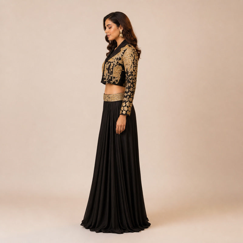 Midnight Gold Zardozi Jacket & Draped Skirt Set